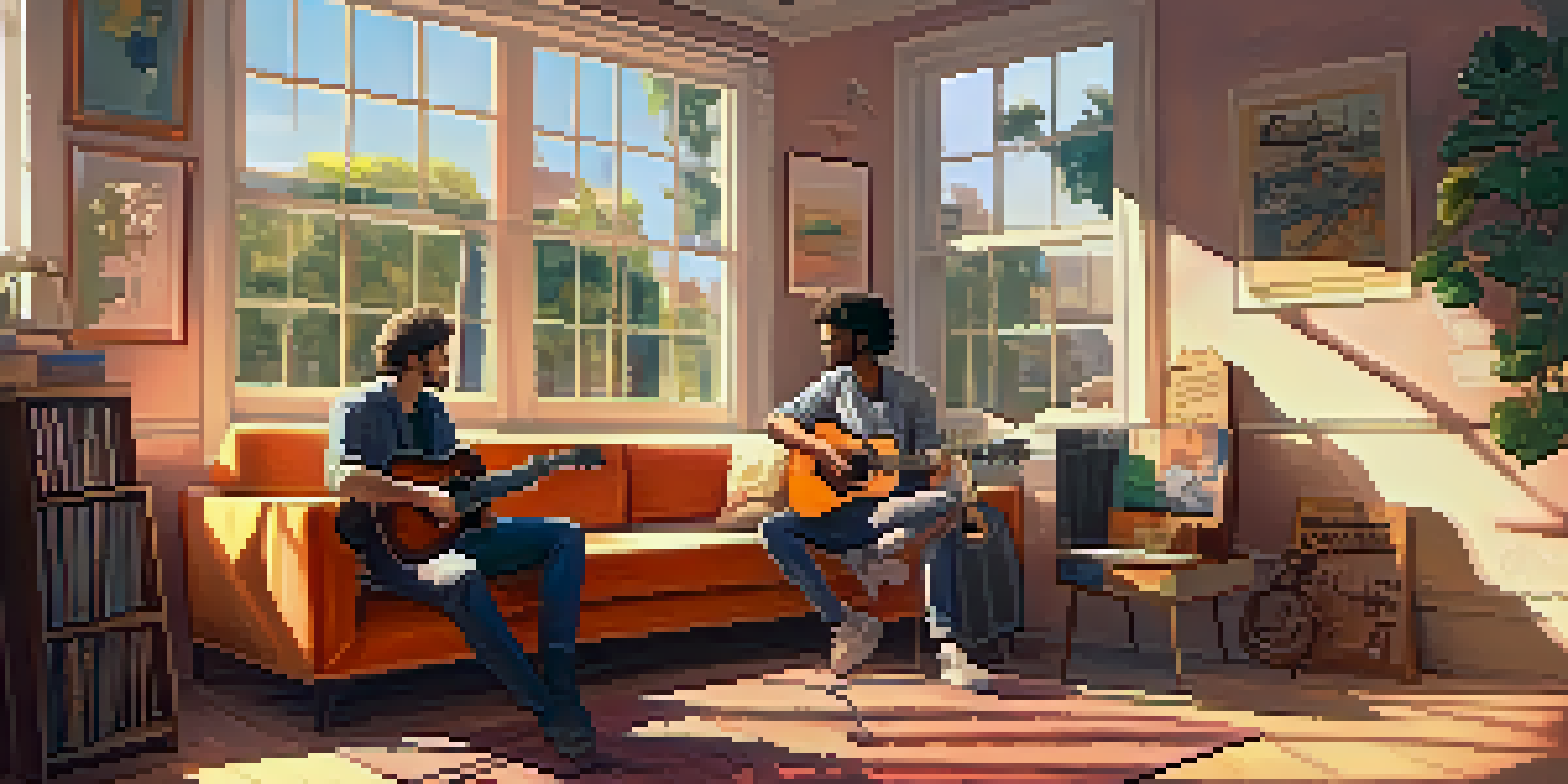 Two musicians collaborating in a sunlit room, discussing lyrics with instruments around them and a colorful mood board on the wall.