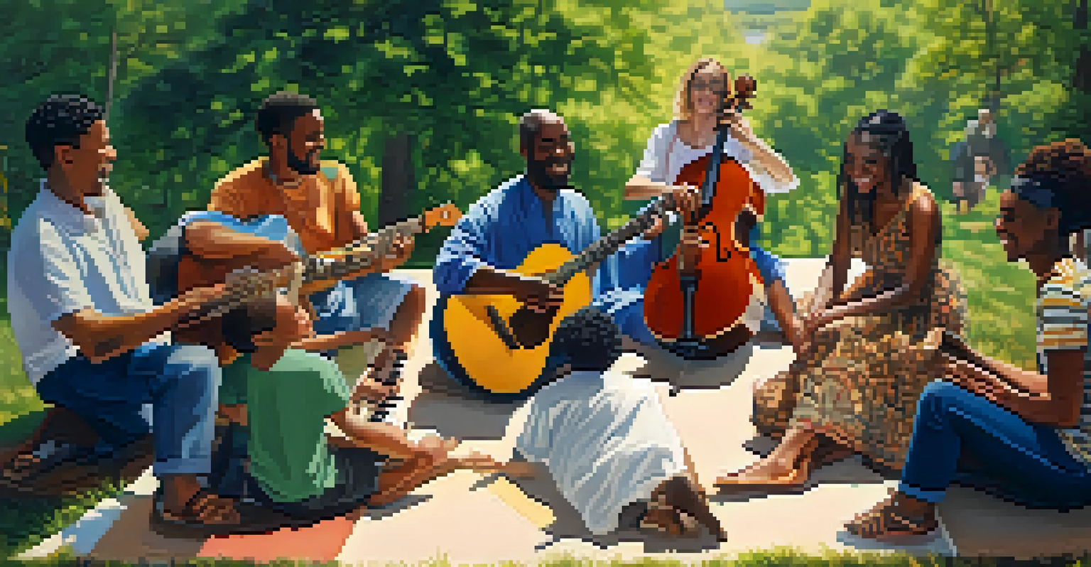 A diverse group of people playing instruments together in nature, expressing joy and connection in a music therapy session.