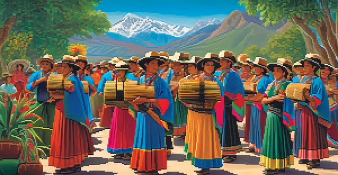 A lively festival scene in the Andes with musicians playing traditional instruments and dancers in colorful costumes against a backdrop of green mountains.