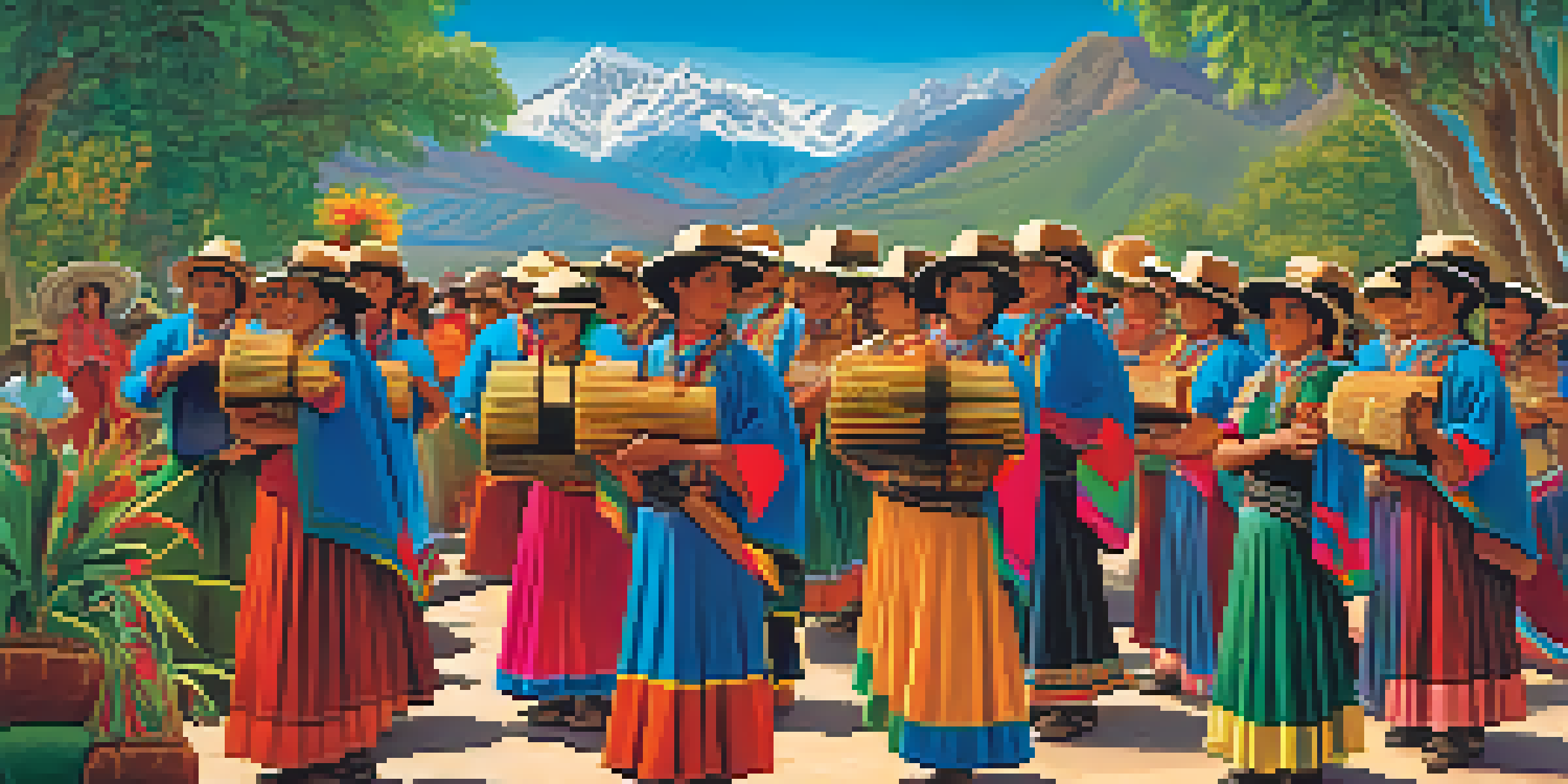 A lively festival scene in the Andes with musicians playing traditional instruments and dancers in colorful costumes against a backdrop of green mountains.