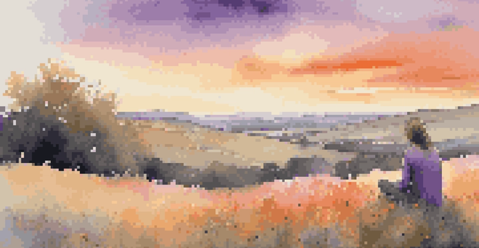 A person sitting on a grassy hill watching a colorful sunset, surrounded by wildflowers, conveying a sense of peace and reflection.