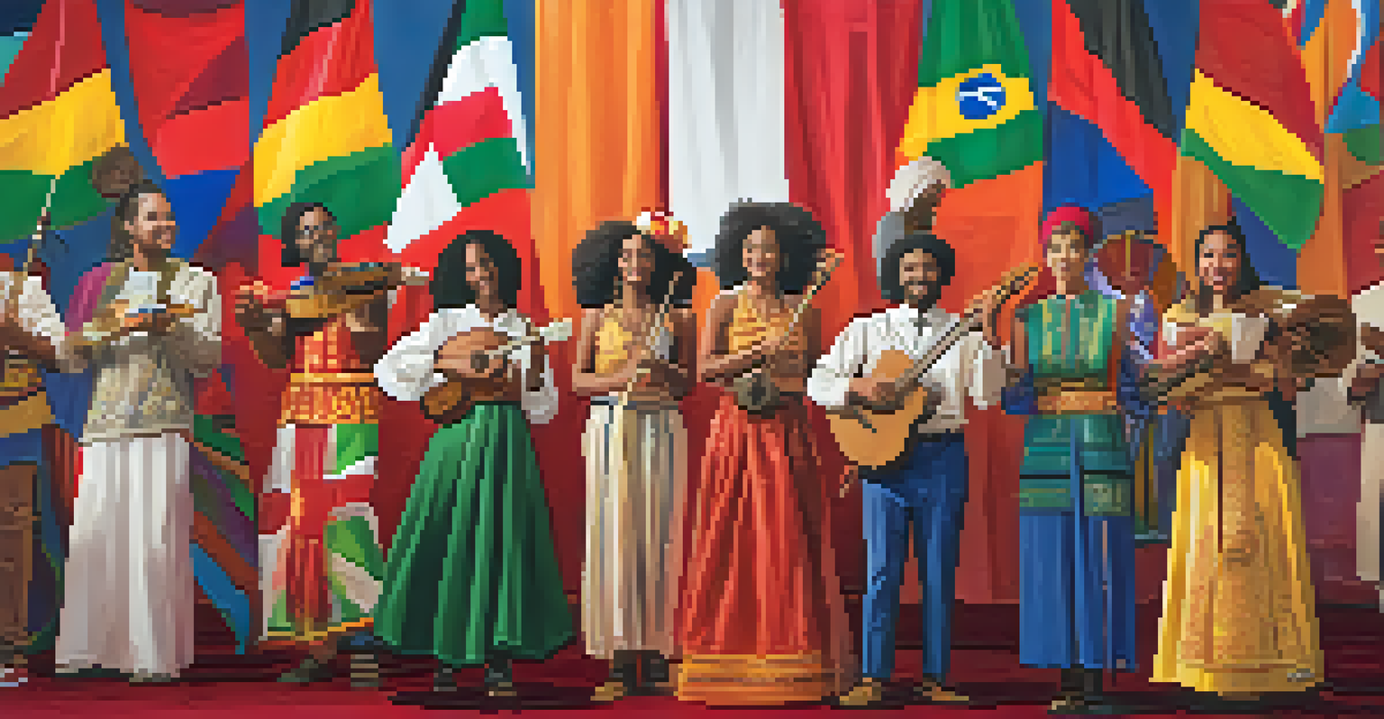 Performers from diverse cultures on stage with traditional instruments, while an engaged audience claps in celebration.
