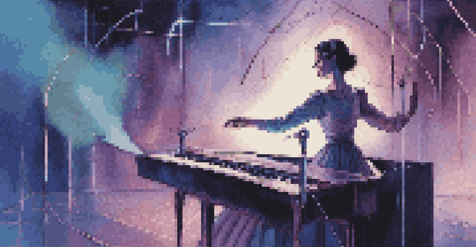 A woman playing a theremin in a dark room with blue and purple lighting, showcasing her graceful hand movements near the antennas.