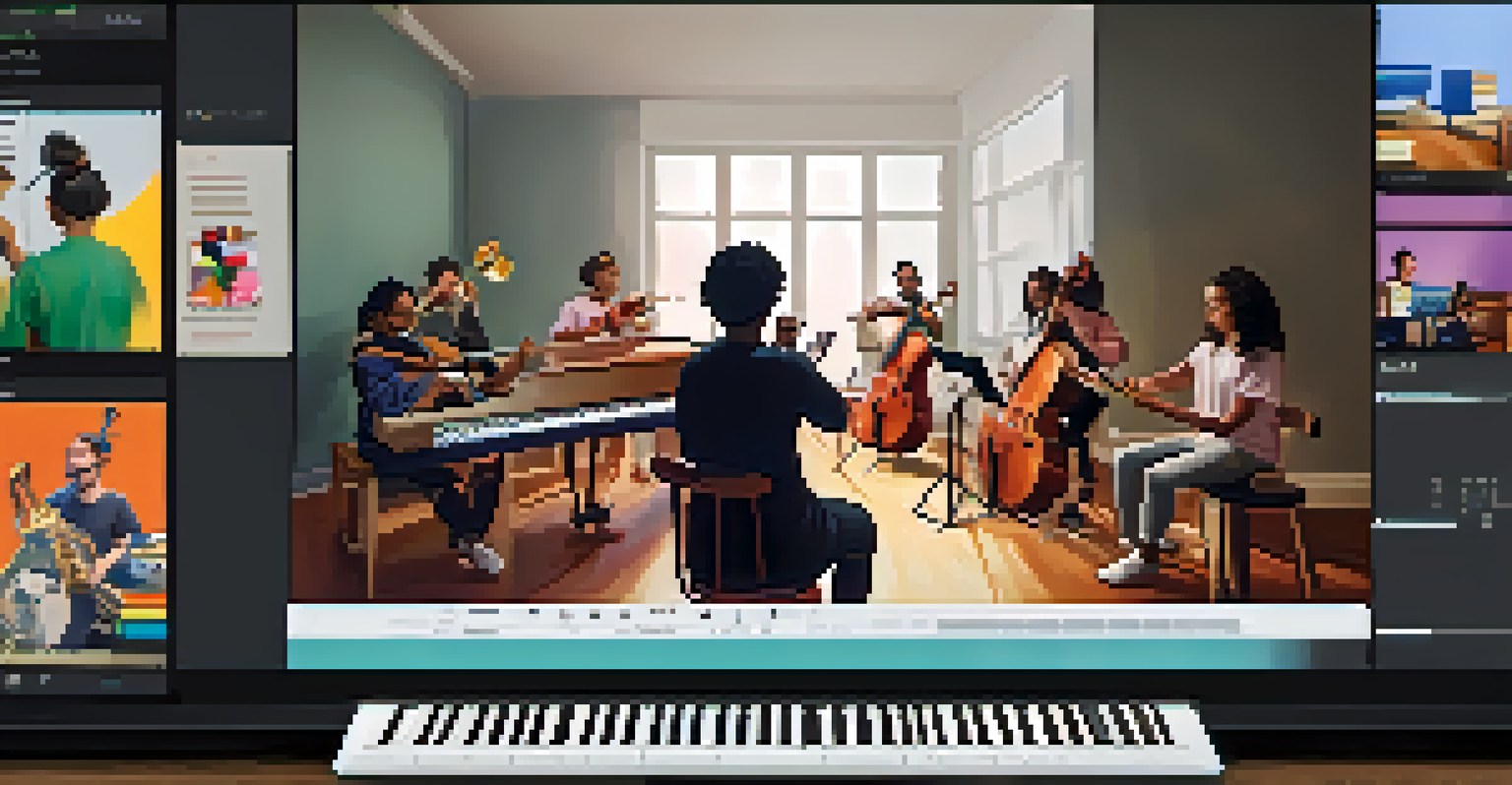 A virtual music class with diverse students participating, each with a musical instrument and colorful backgrounds.