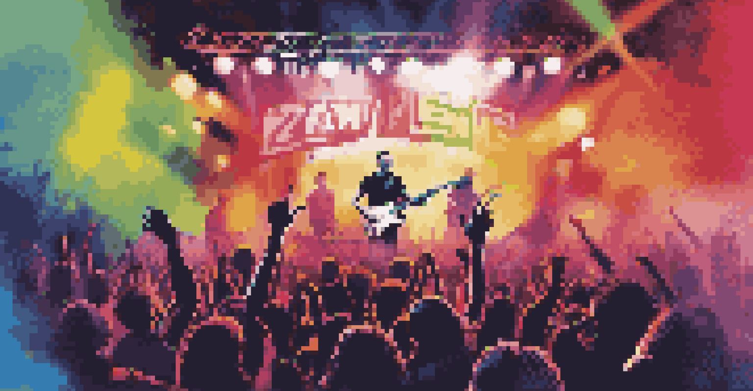 A colorful Facebook ad for a music concert featuring a band playing live, with details about the concert date and location.