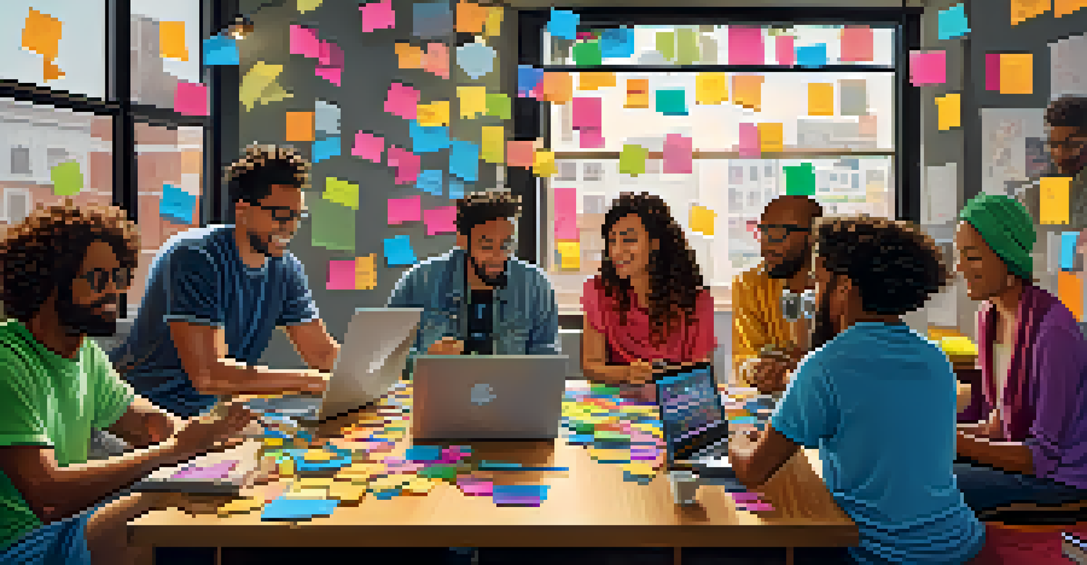 A diverse group of musicians collaborating on songwriting with laptops and colorful sticky notes in a bright workspace.