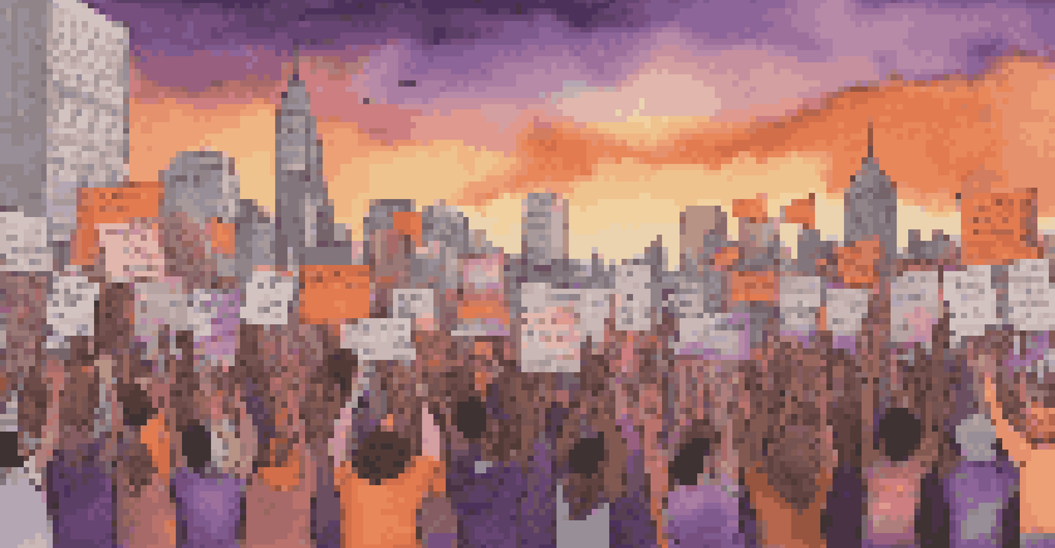 Activists holding signs with inspiring messages during a protest, set against a colorful sunset skyline, symbolizing hope and unity.