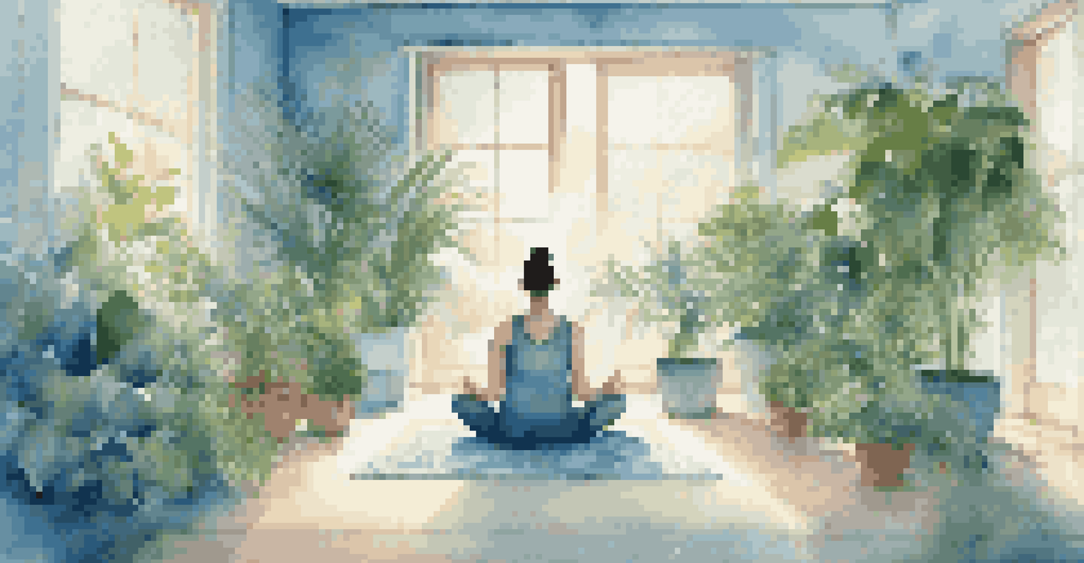 A person meditating in a tranquil room filled with plants and soft lighting, with music notes visually represented in the air.