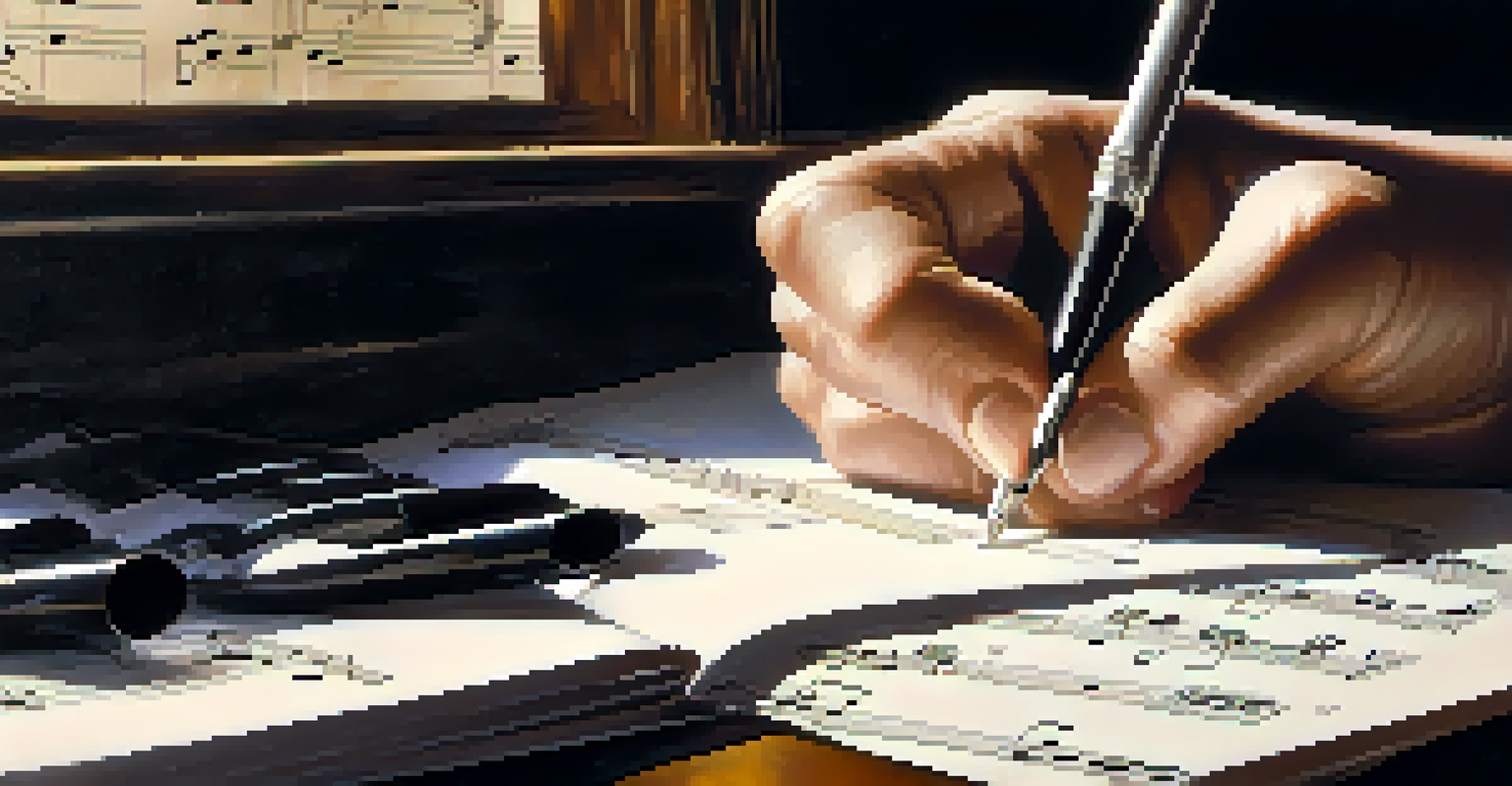 A close-up view of a music notator's hands writing notes on a sheet music score, highlighting the pen and paper texture with a soft lighting effect.