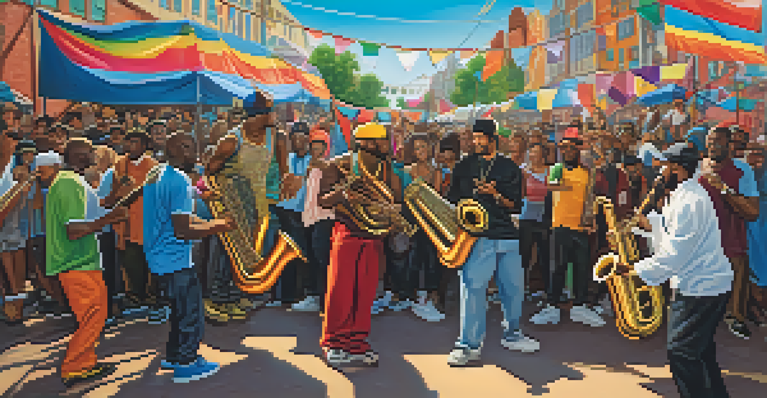 A vibrant outdoor festival scene showing musicians from different cultures collaborating, with traditional instruments and modern hip-hop elements, surrounded by a cheering crowd.