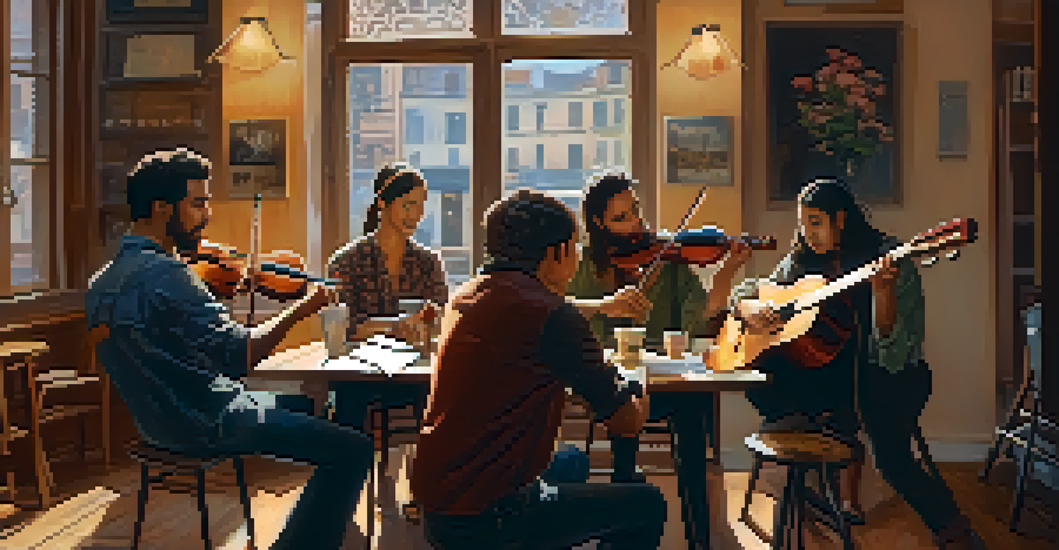 A cozy café scene with musicians from different cultures collaborating on a new song, surrounded by warm lighting and instruments.