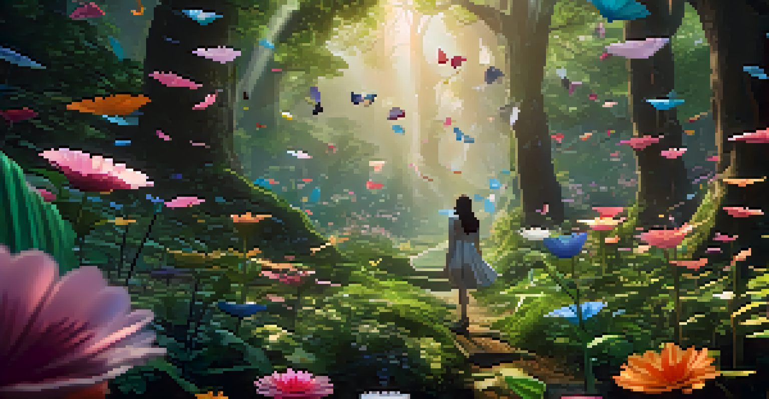 A fan exploring an interactive music video in a colorful 3D forest filled with musical notes and vibrant flowers.