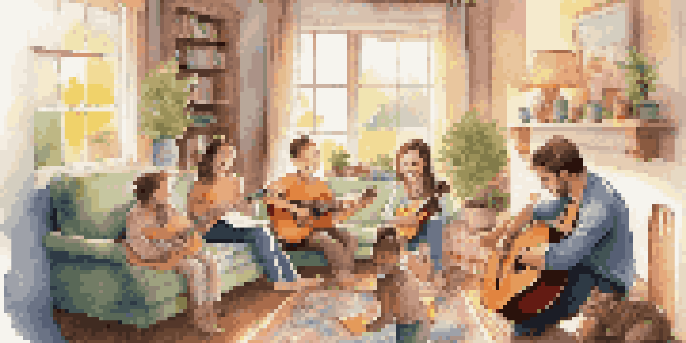 A family enjoying music together in a cozy living room, with children playing instruments and parents smiling.