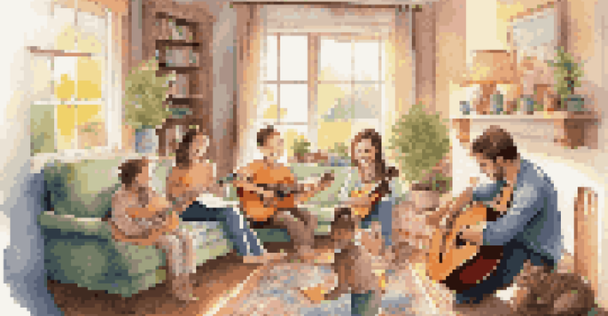 A family enjoying music together in a cozy living room, with children playing instruments and parents smiling.