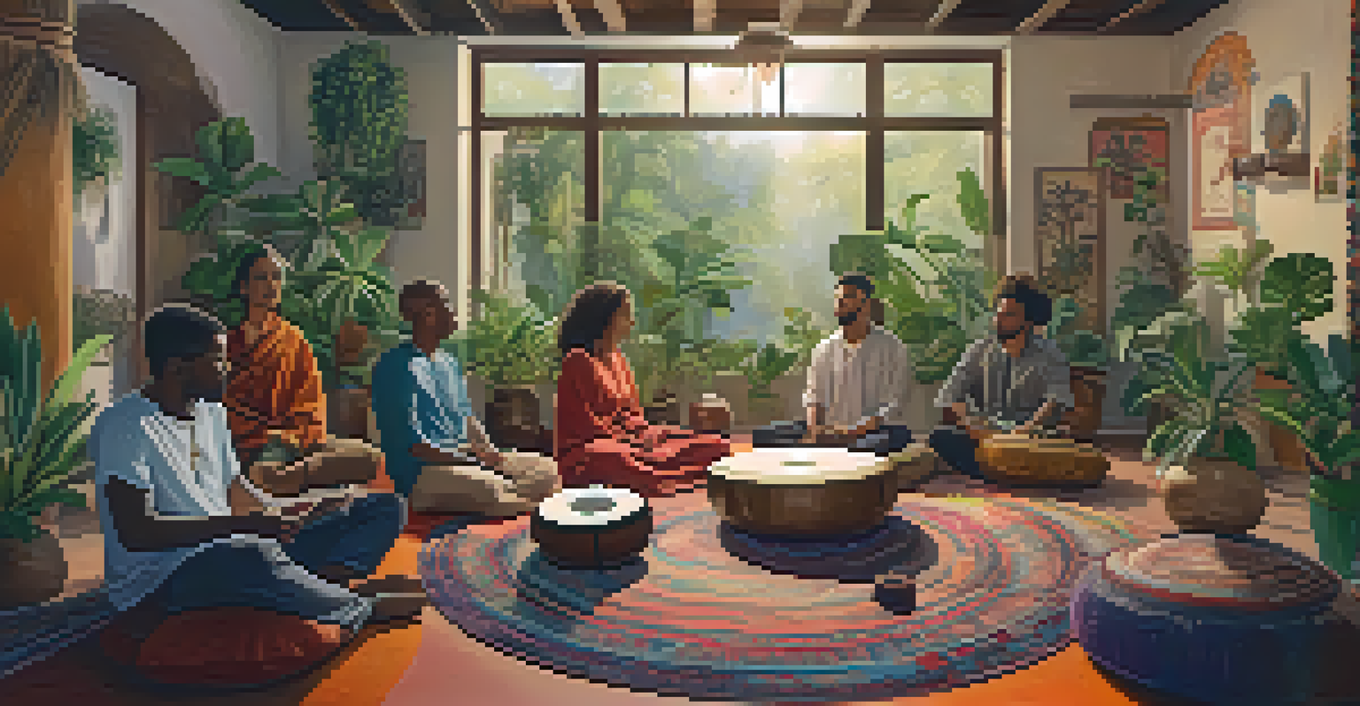 A cozy indoor space with individuals sitting on cushions, enjoying a modern spiritual music session with instruments and meditation.