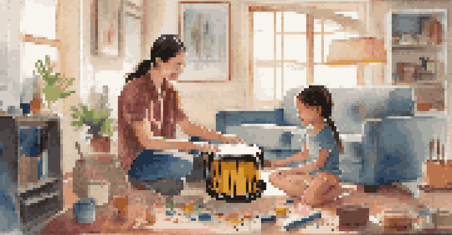 A parent and child creating a homemade drum set in a colorful living room, showcasing a nurturing and creative atmosphere.
