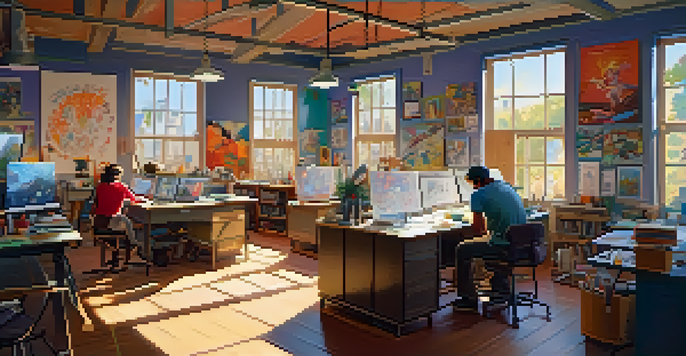 An animation studio with artists working on colorful character sketches in a bright, sunlit room.