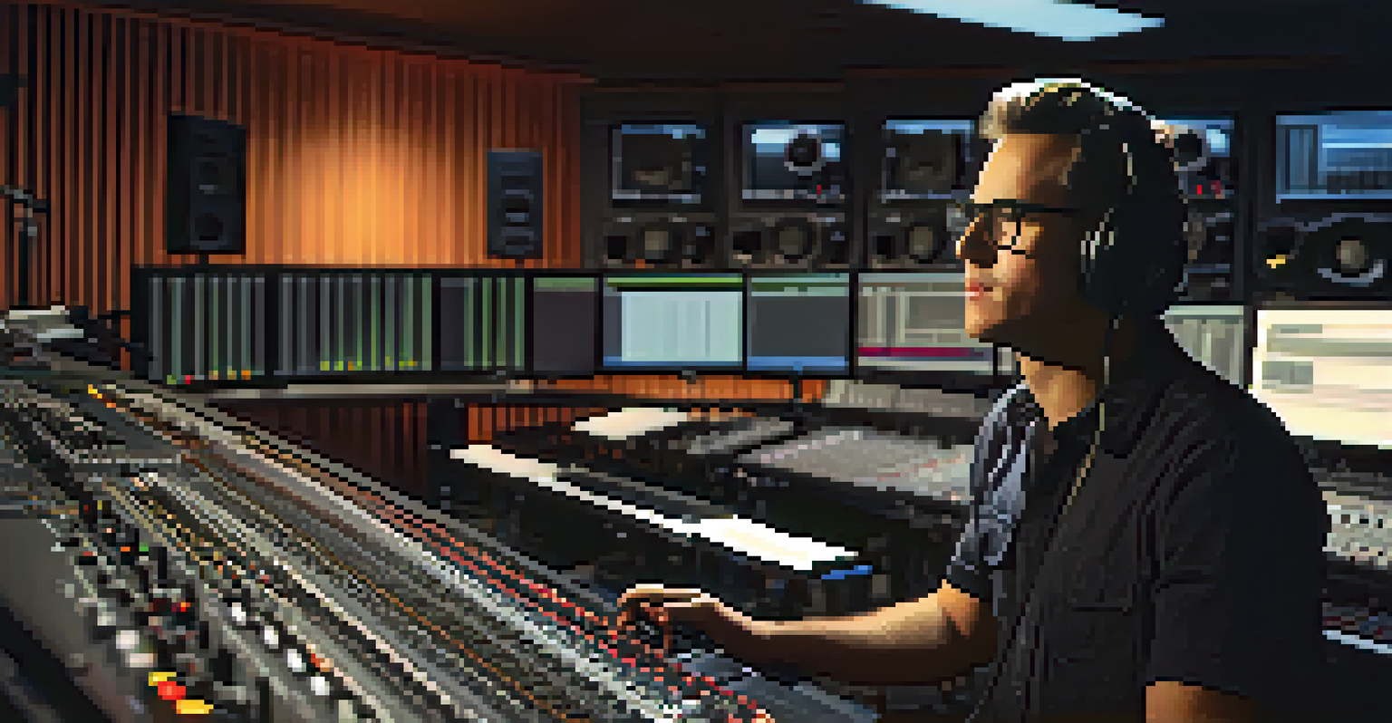A sound engineer in a modern studio, adjusting audio equipment under soft lighting, surrounded by microphones and mixing consoles.