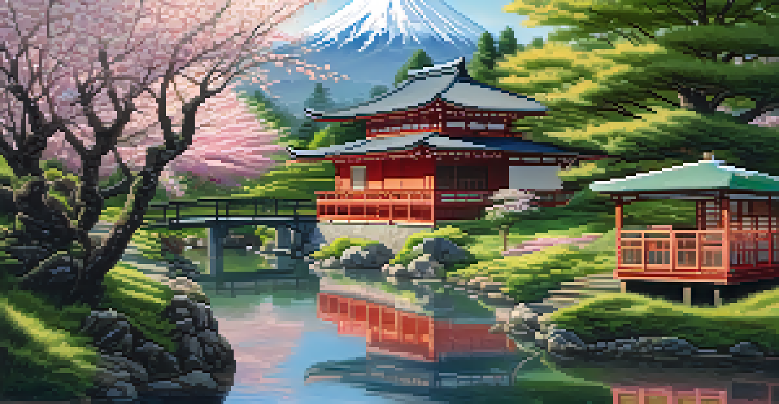 A tranquil Japanese tea house in a garden with cherry blossoms and Mount Fuji in the background, depicting a couple enjoying tea.