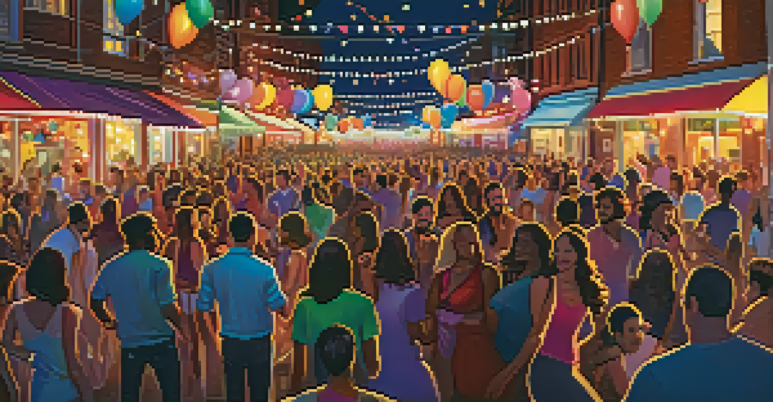A lively street party at night with people dancing and colorful lights, showcasing the joy of music in social settings.