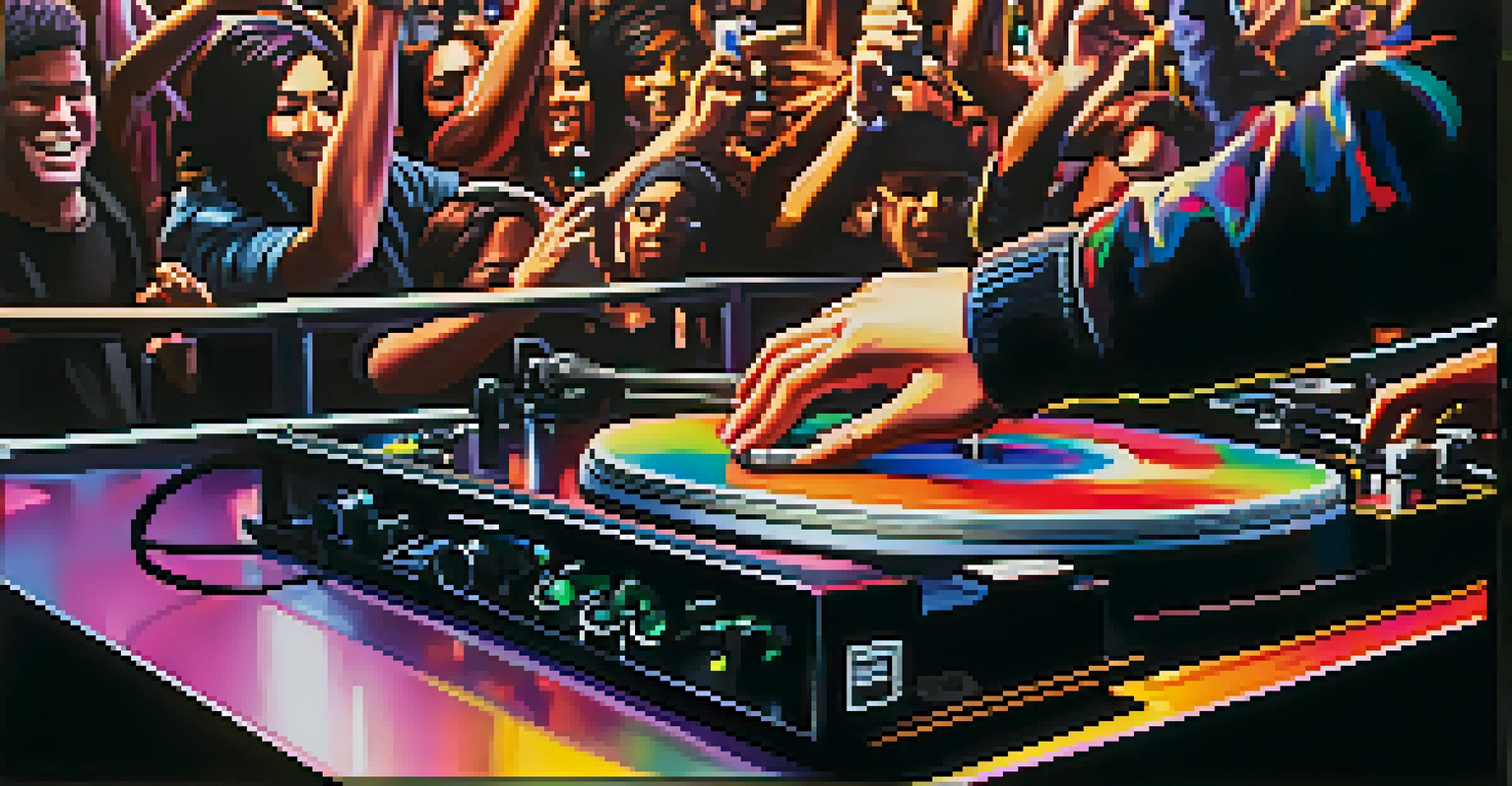 A DJ mixing samples on a turntable with a lively crowd and vibrant lights in the background.
