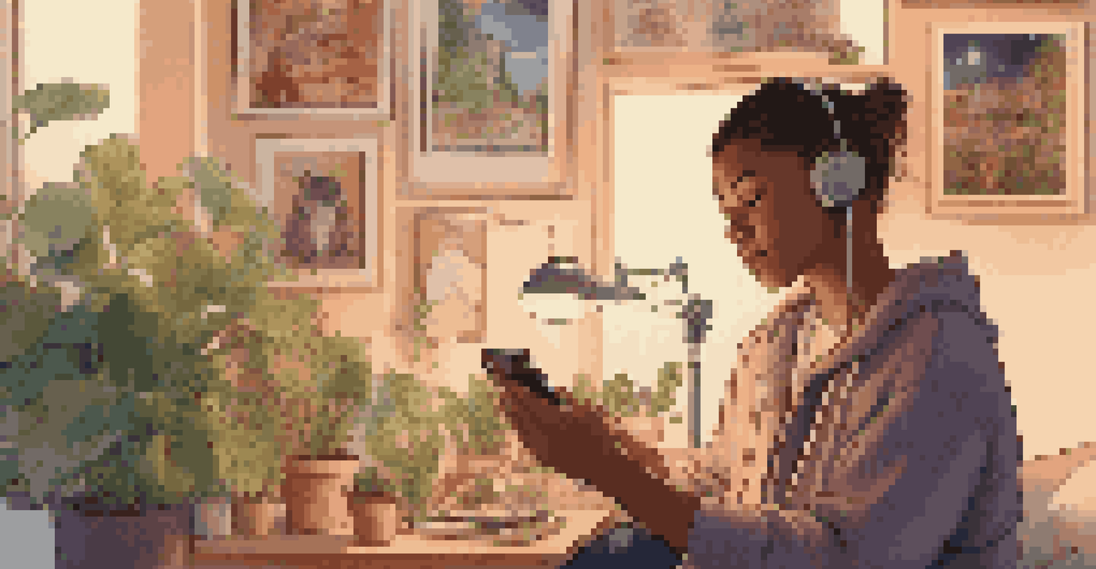 A young person in a cozy room, looking at their phone which displays a colorful music video, surrounded by music posters and plants in warm lighting.