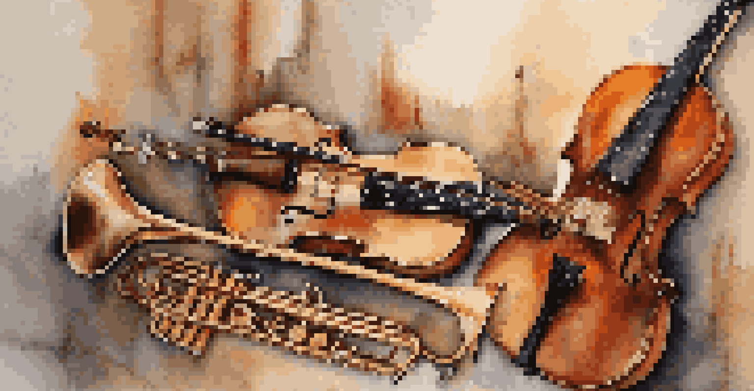 An artistic display of a flute, violin, and trumpet set against a textured canvas, illuminated with warm lighting.