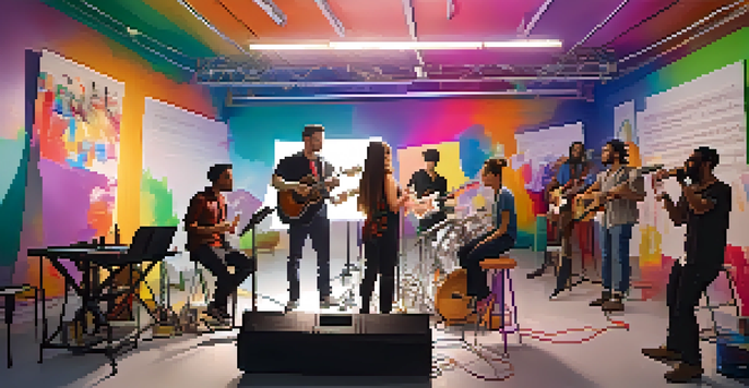 A diverse group of artists collaborating in a modern studio, with colorful lighting and musical instruments, showcasing creativity and teamwork.