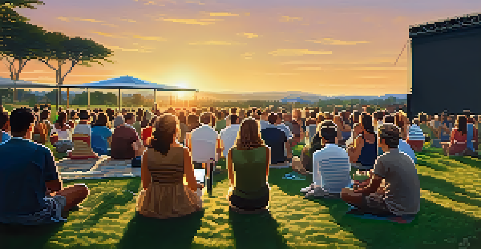 A presenter using a wireless headset microphone at an outdoor event, with an engaged audience seated on the grass.