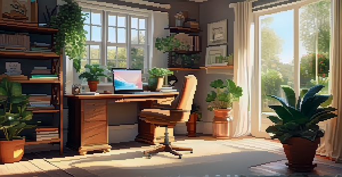 A warm home office setting with a desk, laptop, and record player, illuminated by soft sunlight and surrounded by plants.