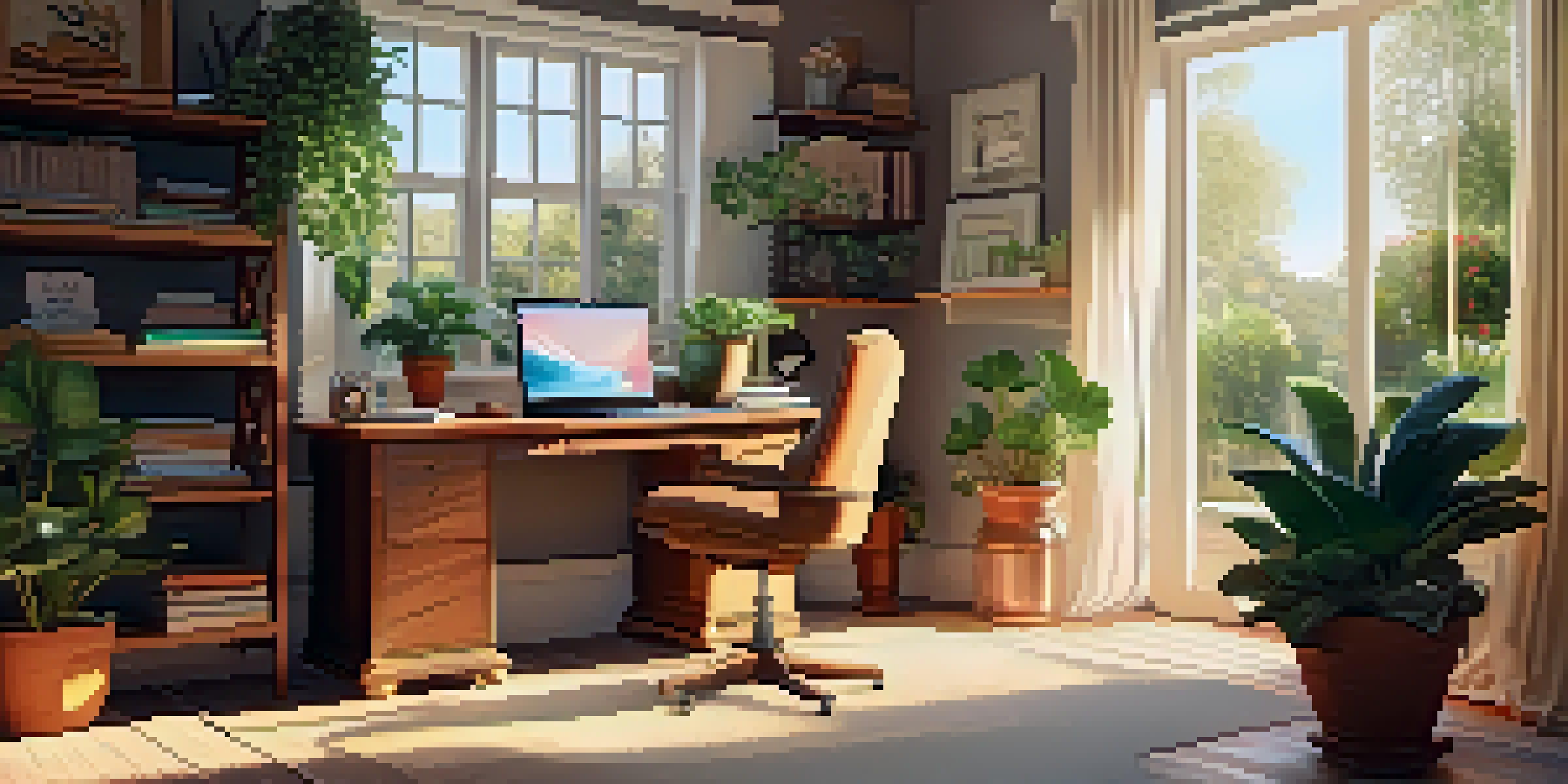 A warm home office setting with a desk, laptop, and record player, illuminated by soft sunlight and surrounded by plants.