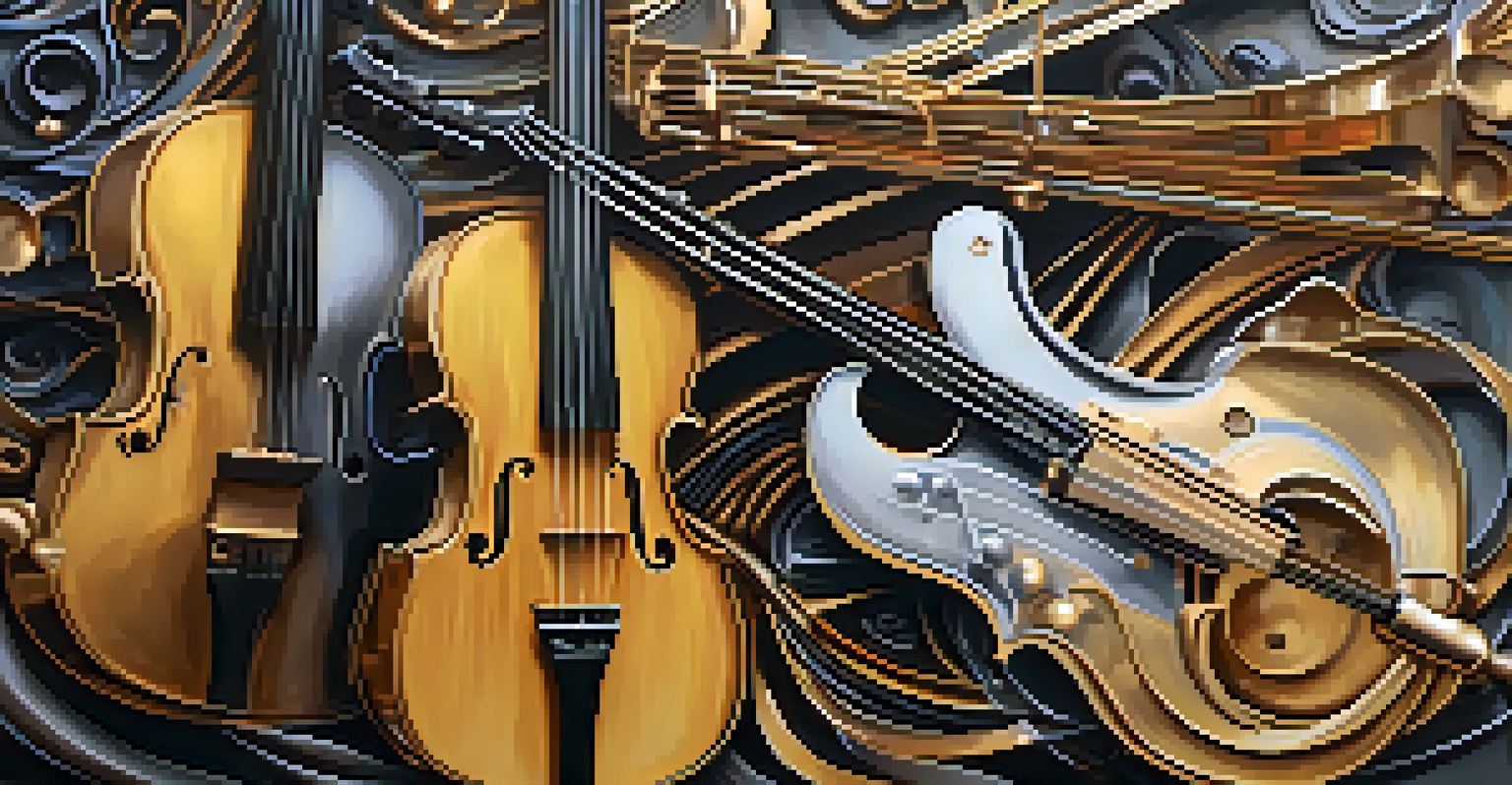 An artistic depiction of a guitar blended with classical instruments, surrounded by swirling musical notes, symbolizing the fusion of metal and classical music.