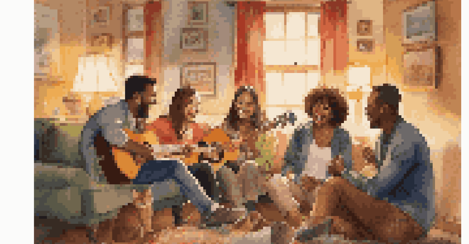 A group of friends enjoying music together while sitting in a cozy room, illuminated by warm light.