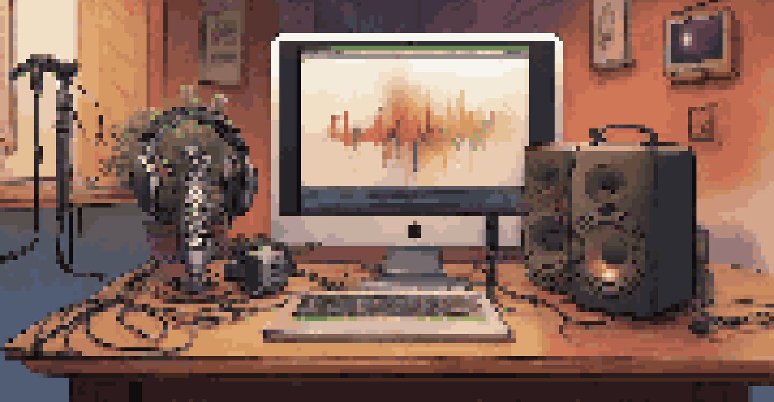 A podcast recording setup with a microphone, headphones, and a laptop displaying music waveforms, surrounded by music memorabilia.