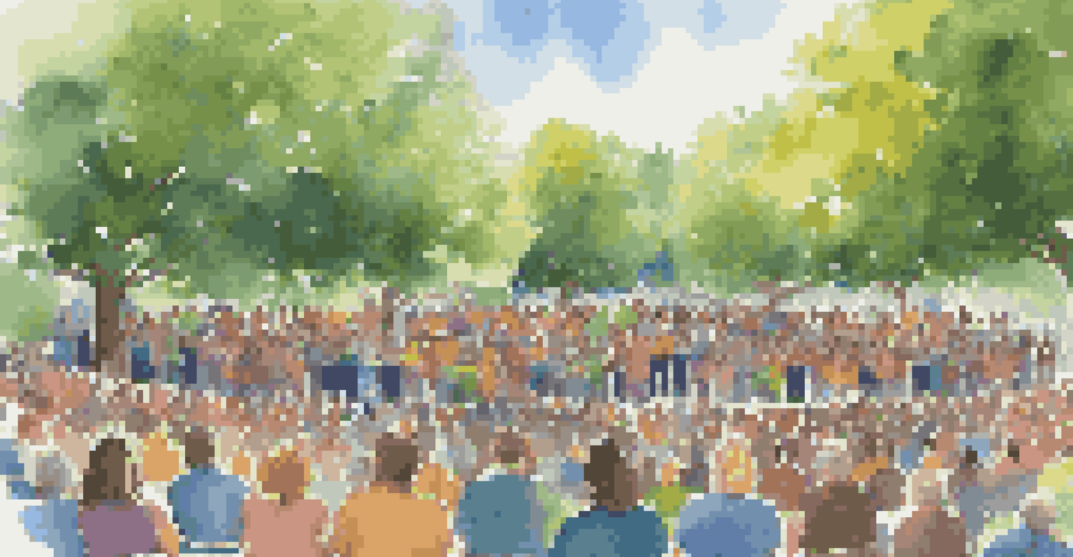 A community choir performing outdoors in a city park, with a diverse audience enjoying the lively music and colorful surroundings.