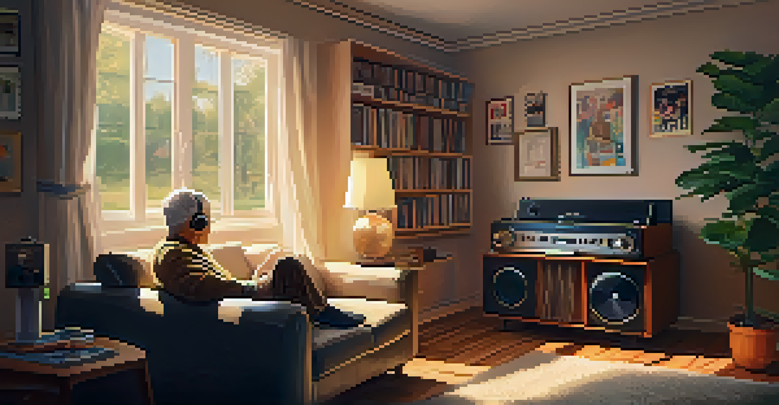 A senior man listening to vinyl records on a record player in a cozy living room.