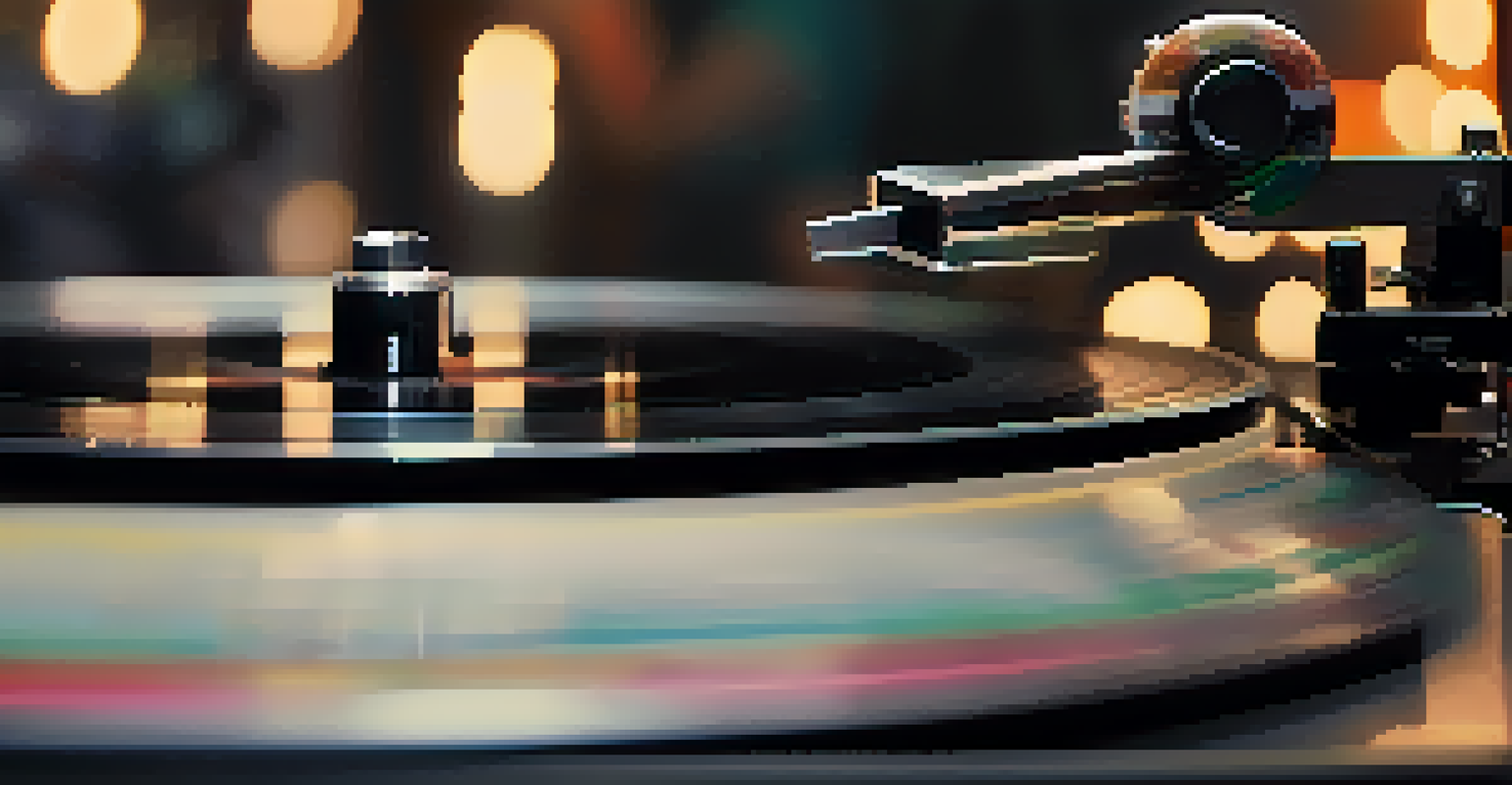 A close-up of a spinning vinyl record with blurred movie scenes in the background, highlighting the nostalgia of soundtracks.