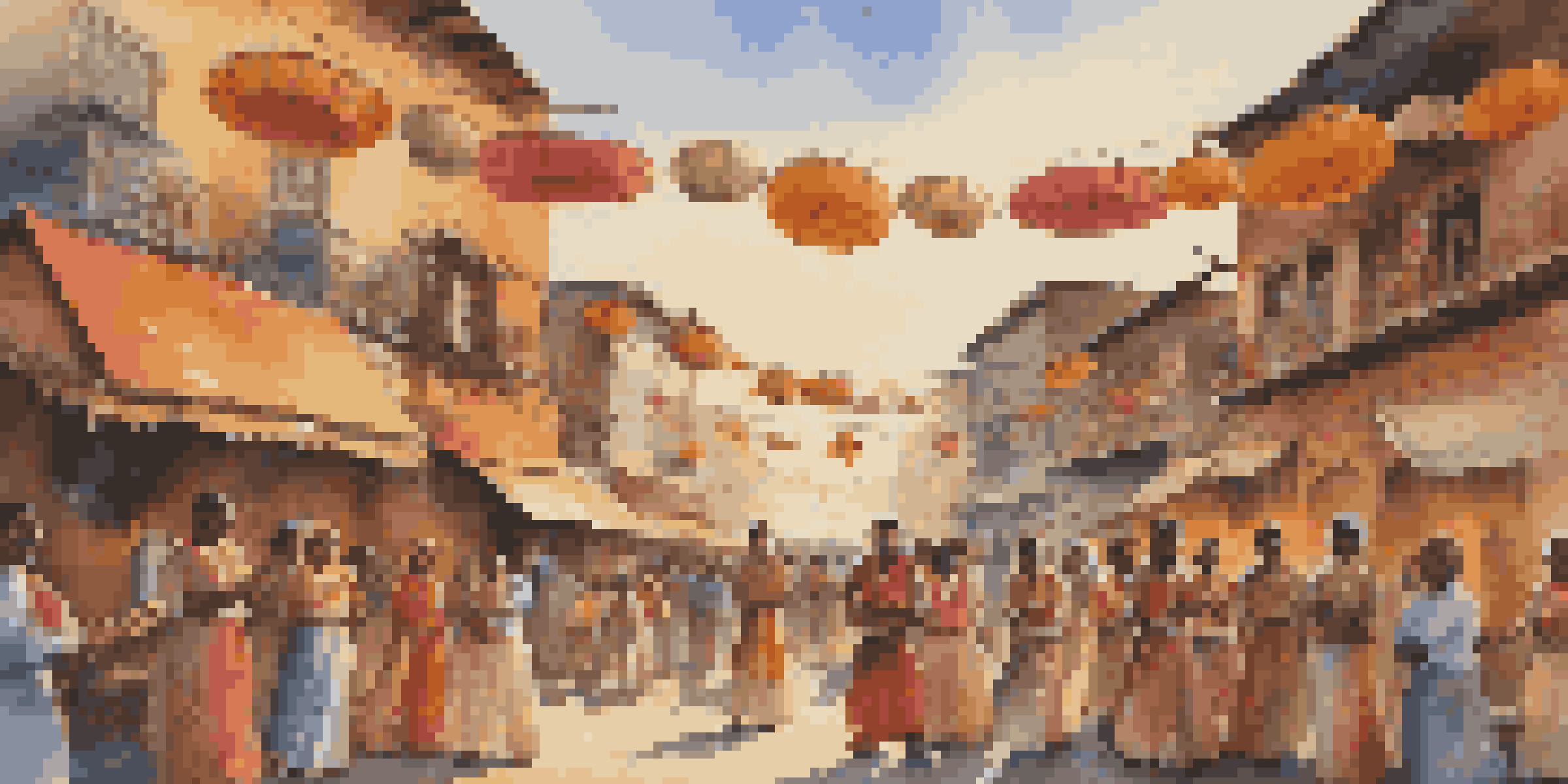 A lively street festival with musicians playing traditional instruments and a diverse crowd enjoying the performances under a golden sunset.