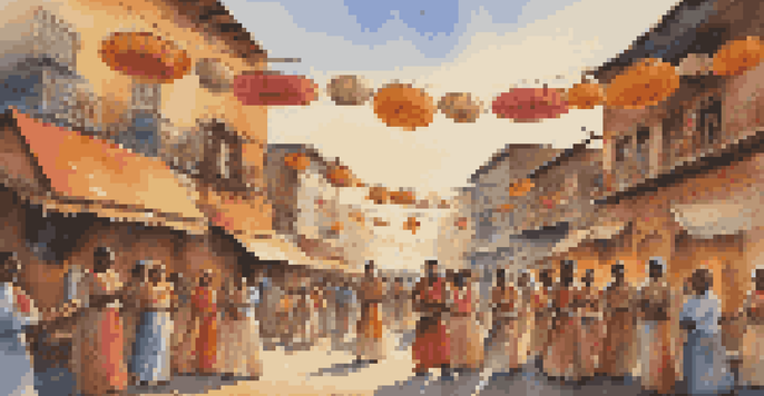 A lively street festival with musicians playing traditional instruments and a diverse crowd enjoying the performances under a golden sunset.