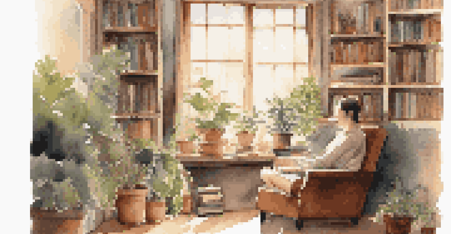 A cozy room with a person in an armchair, writing in a notebook while listening to music, with soft light and plants around.