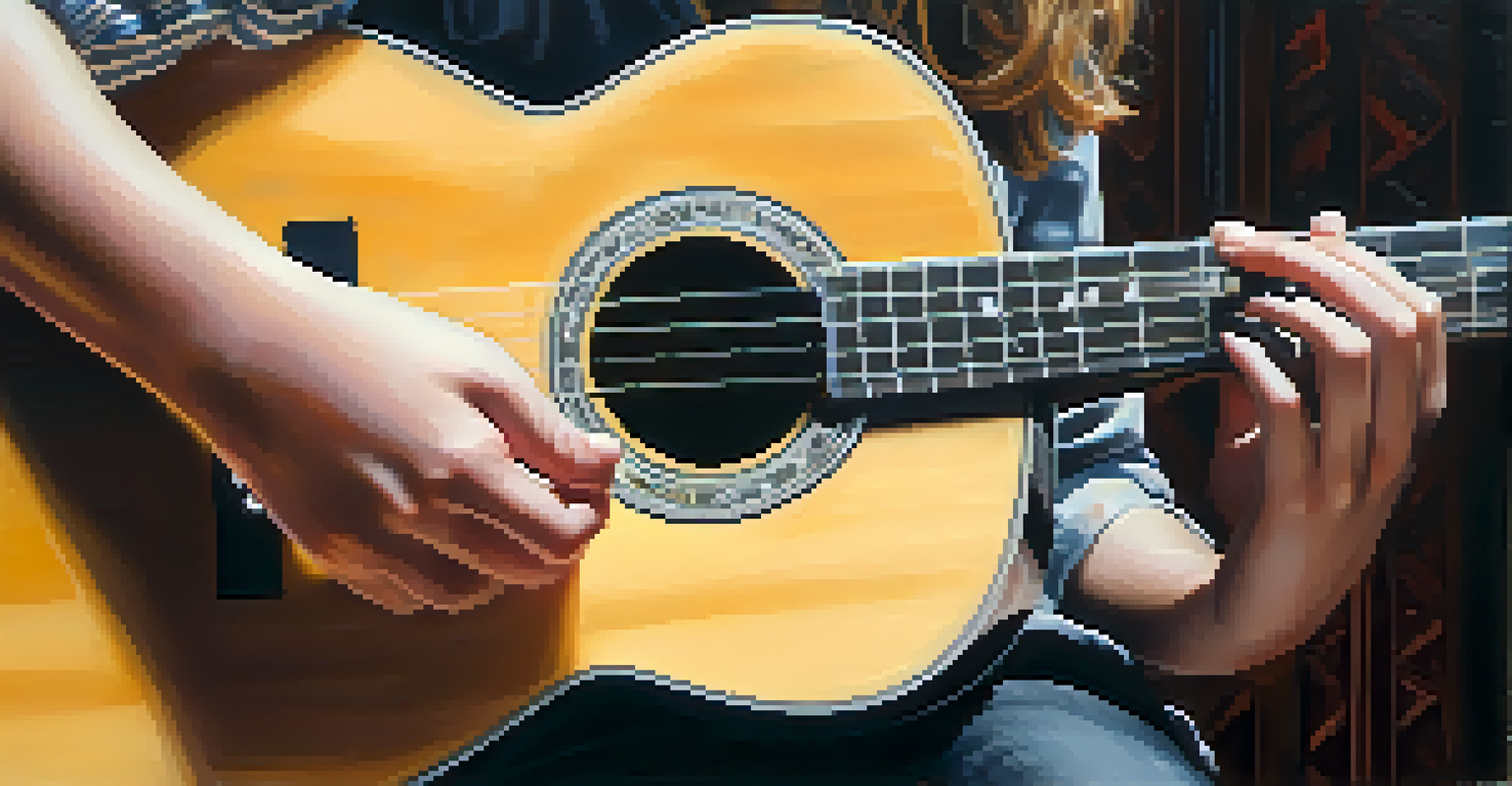 Close-up of a teenager holding a guitar, focusing on the instrument and their expression.