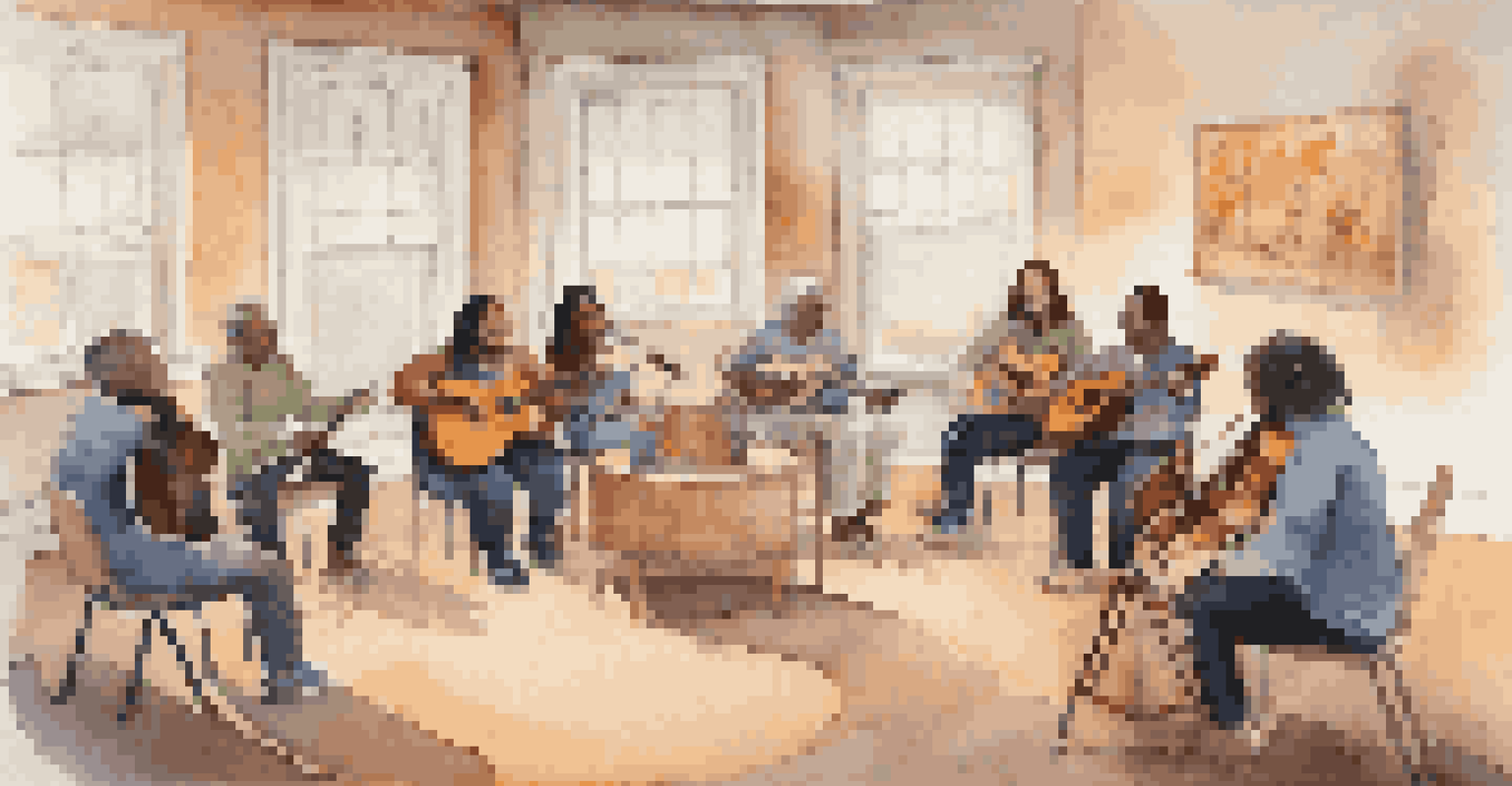 An intimate music therapy workshop in a community center with people sitting in a circle, engaging with instruments and sharing feelings, illuminated by warm lighting.