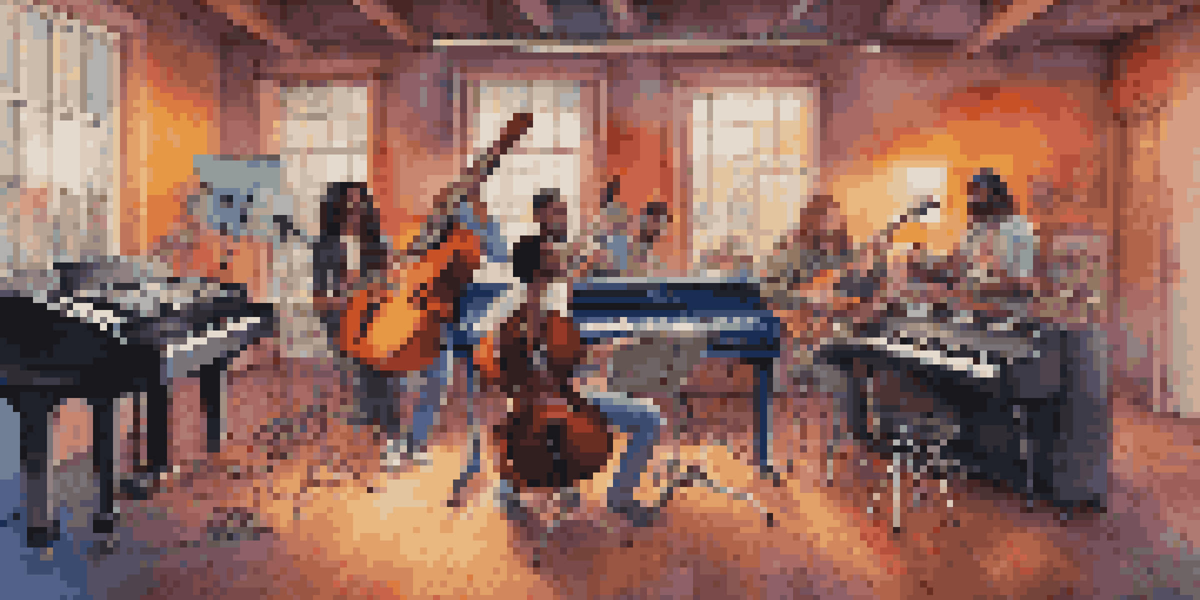 A lively music studio with musicians working together around a mixing console, surrounded by various instruments and colorful sound waves.