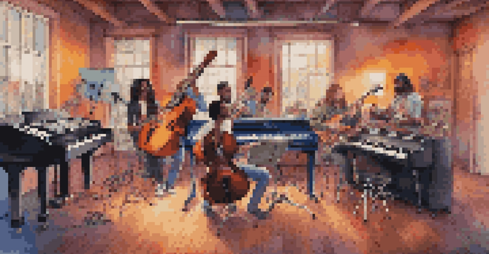 A lively music studio with musicians working together around a mixing console, surrounded by various instruments and colorful sound waves.