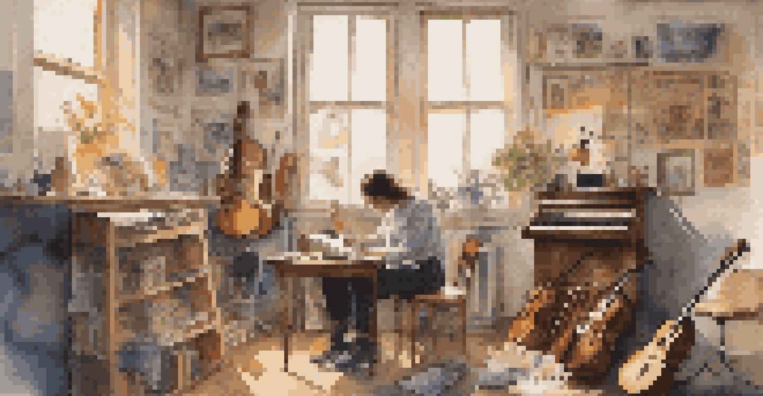 An artist in a sunlit studio writing lyrics, surrounded by instruments and posters of iconic musicians, creating an inspiring atmosphere.