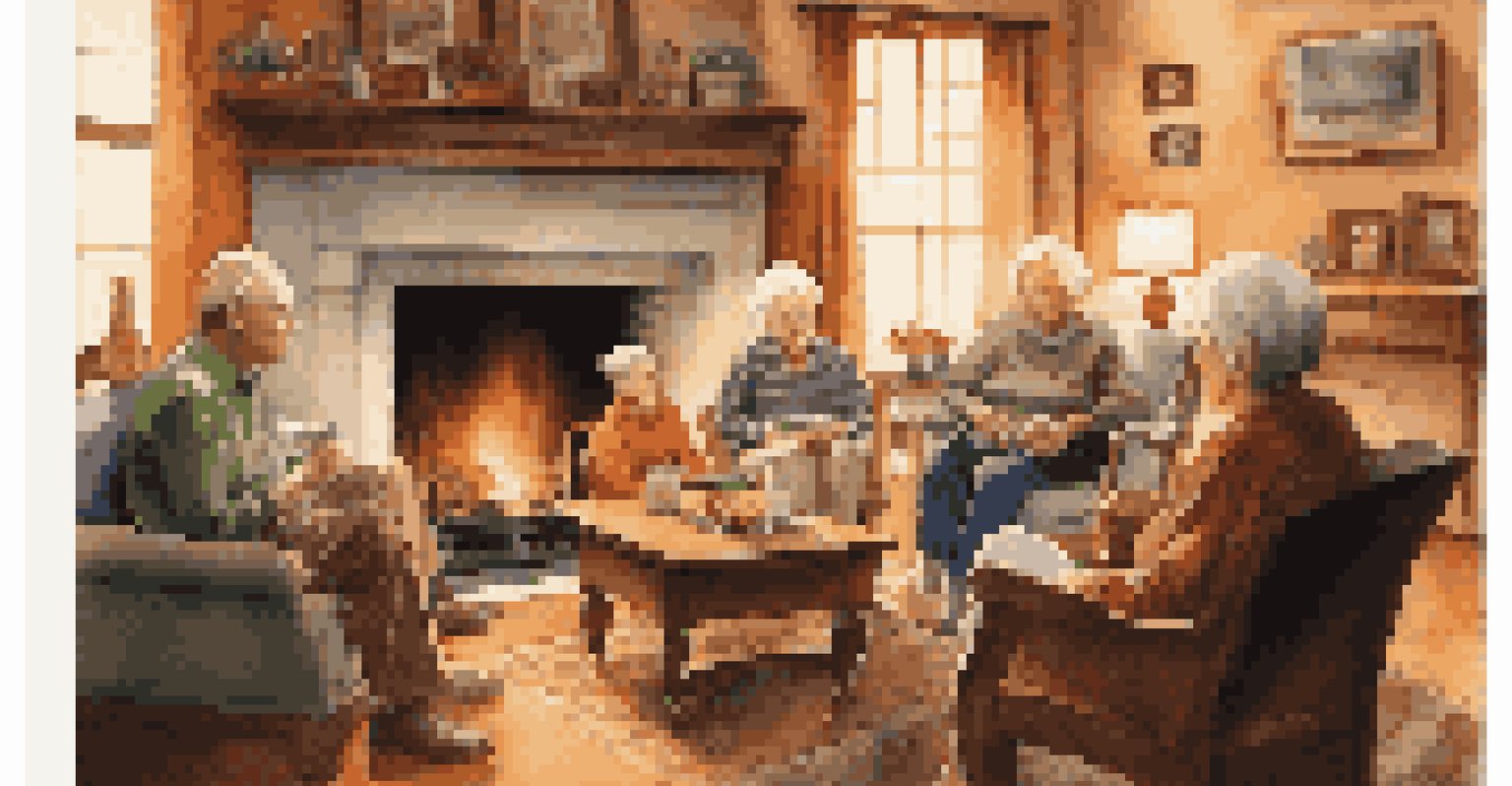 A family gathering around a fireplace with elders sharing stories and playing guitar, creating a warm atmosphere.