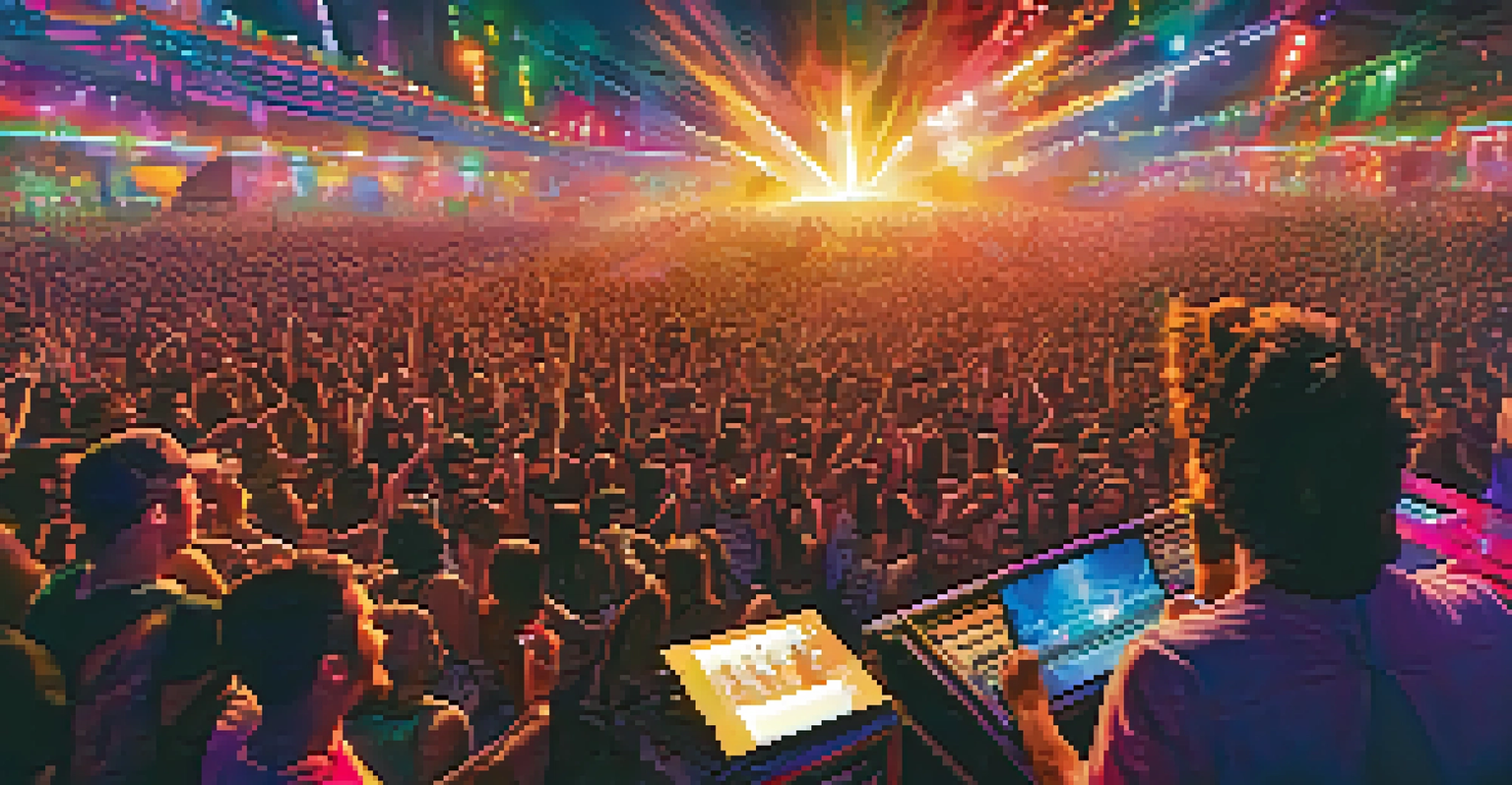An artist performing on stage at a music festival, with colorful lights and a cheering audience.