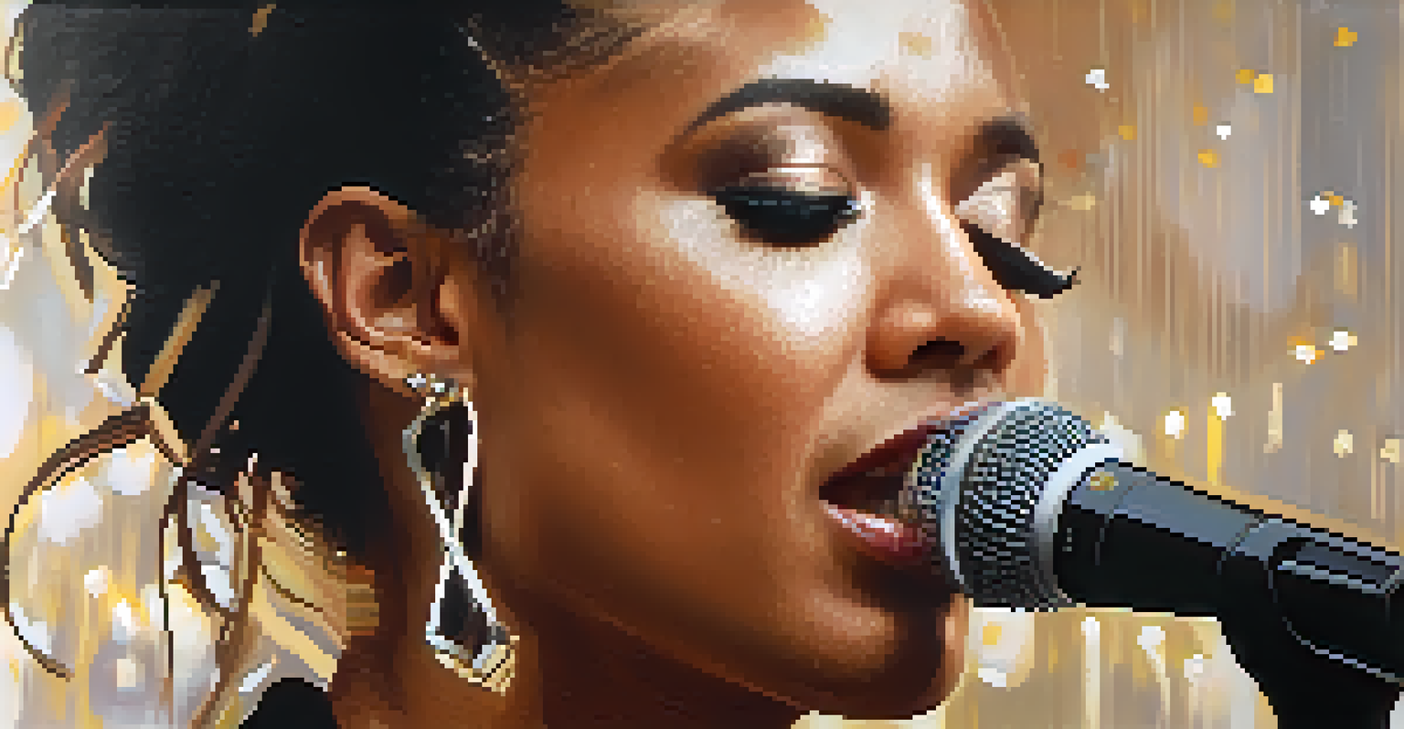 A close-up of a singer's face during a performance, capturing their emotional expression with warm lighting.