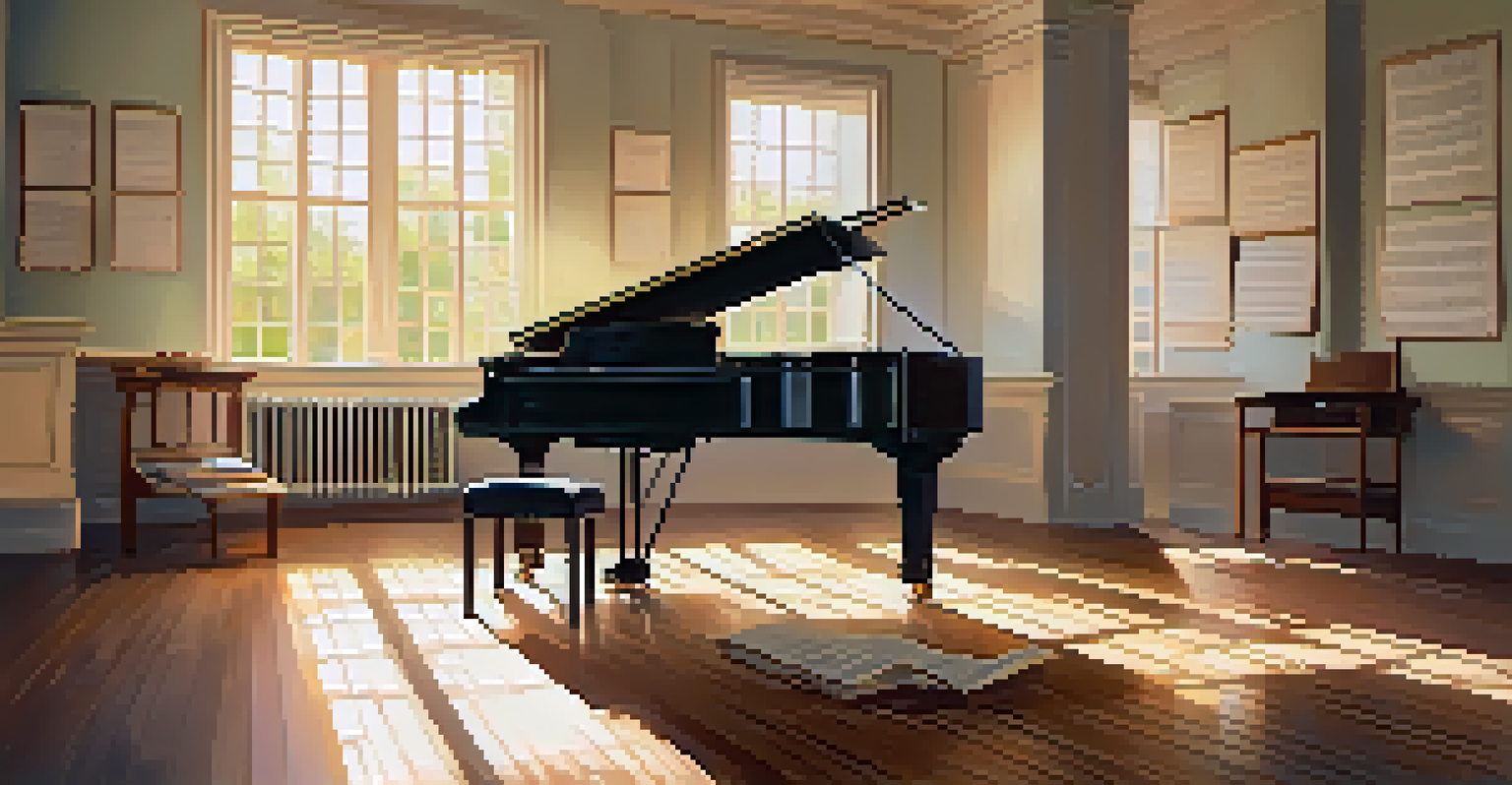 A grand piano in a classroom with sunlight streaming through a window, showcasing open sheet music.