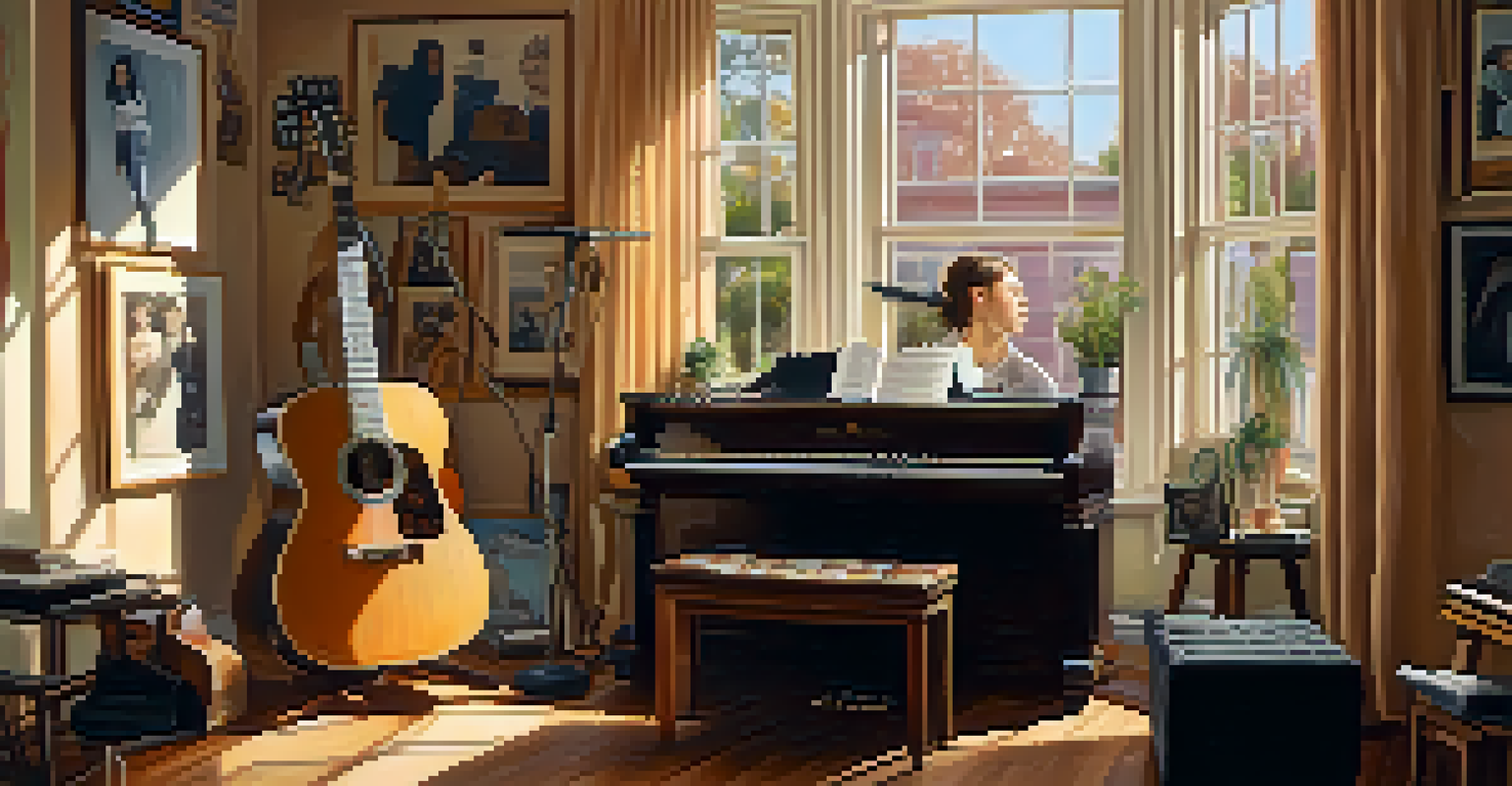 A female artist in a cozy room writing lyrics, surrounded by musical instruments and inspired by influential women.